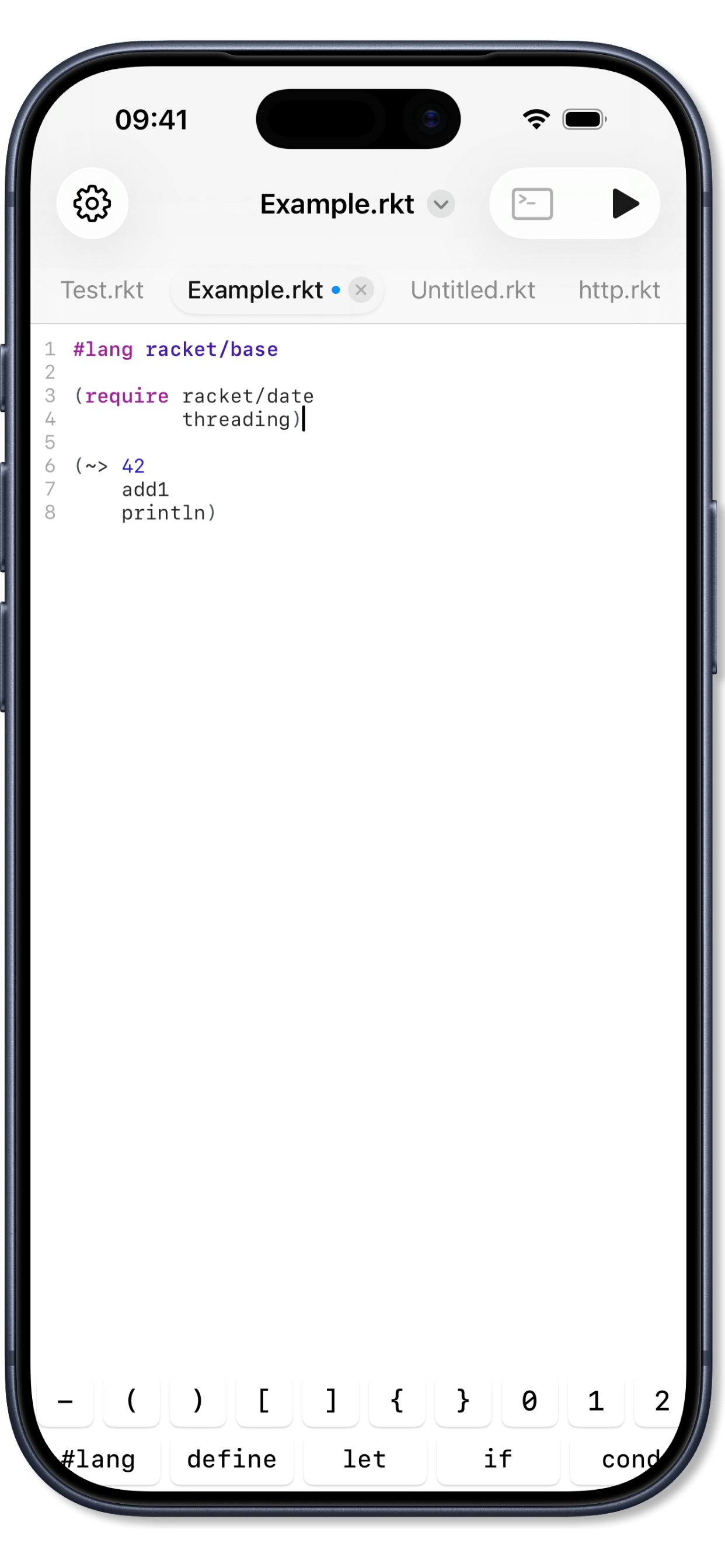 Code editor with Racket syntax highlighting
